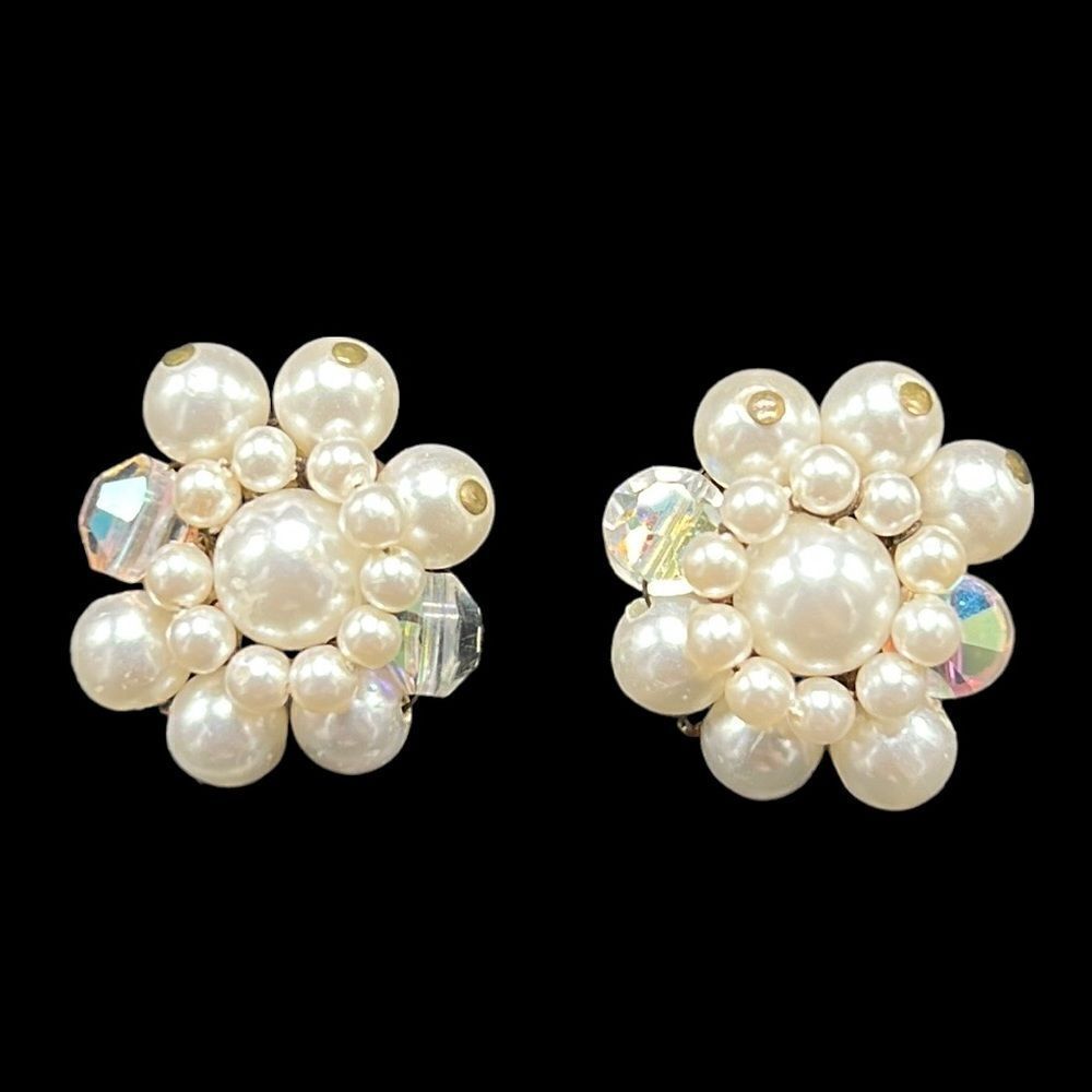 Vintage Japan Clip On Earrings Faux Pearl Aurora Borealis Crystal Gold
